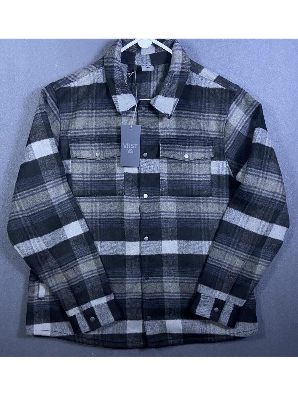 NEW VRST Mens Wool Blend Blue Shirt Jacket Enlighten Plaid Pewter XL Hiking Camp